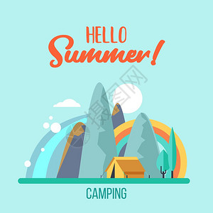 露营次关于自然的外出旅行夏季户外娱乐活动呆帐篷里,钓鱼,户外游戏山景矢量插图图片
