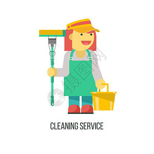 清洁服务平矢量插图专业清洁房屋手里着拖把水桶的清洁女士图片