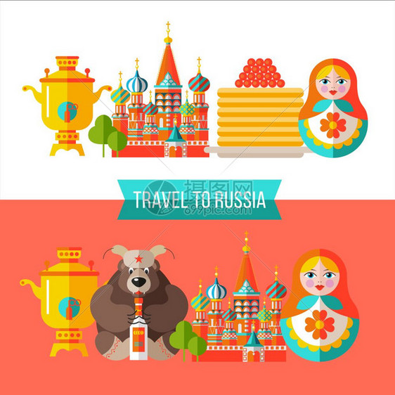 欢迎来俄罗斯俄罗斯旅行套剪贴画俄罗斯传统项目俄罗斯纪念品矢量插图图片