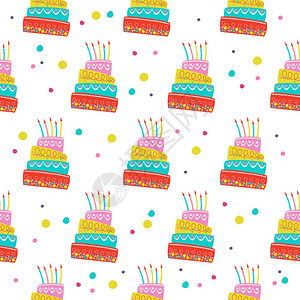 无缝图案带蜡烛的漂亮生日蛋糕为了普林无缝图案带蜡烛的漂亮生日蛋糕用于纺品纸张上的印刷生日礼物包装图片