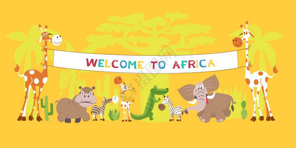 非洲卡通动物沙漠中的非洲动物长颈鹿举着横幅,写着欢迎来非洲横幅下大象河马斑马鳄鱼矢量插图背景图片