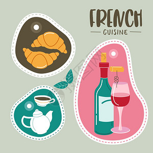 葡萄酒标签法国菜菜单套法国菜糕点法国菜套带法国菜肴的标签矢量插图插画