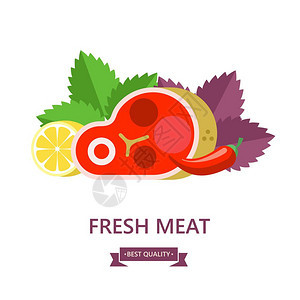 新鲜的肉大牛排,柠檬,罗勒叶,辣椒矢量插图图片