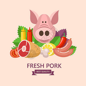 优质猪肉农场肉新鲜肉香肠番茄酱芥末罗勒叶柠檬背景下的蔬菜大可爱的猪矢量插图图片