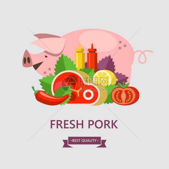 优质猪肉农场肉鲜肉蔬菜罗勒叶柠檬的背景下存大可爱的猪矢量插图图片