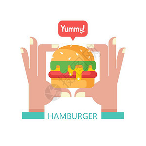 汉堡包美味的快餐矢量插图汉堡包美味的快餐用蔬菜芝麻放个小包里手着汉堡包好吃的平风格的矢图片