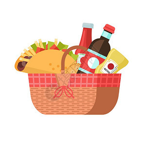 带食物的野餐篮矢量插图带食物的野餐篮饮料,玉米饼,番茄酱,芥末矢量插图白色背景上隔离图片