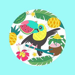 你好,夏天阿洛哈可爱趣的卡通巨嘴鸟热带天堂五颜六色的巨嘴鸟嘴里衔着块西瓜周围热带树叶,椰子鸡尾酒,花,图片
