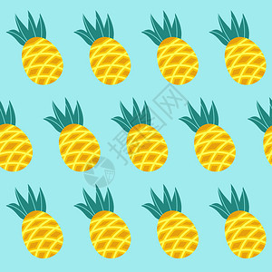 无缝图案美丽的黄色菠萝蓝色背景上的矢量插图热带背景图片