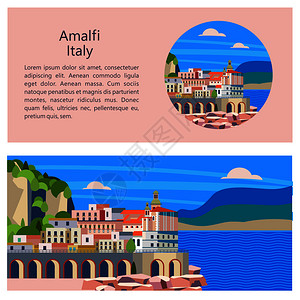 阿玛菲意大利海滨小镇带文本的矢量插图旅游小册子模板图片