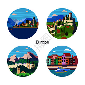 圆形图标与欧洲城市的景观意大利,巴伐利亚,马利诺共国,威尼斯,加德湖矢量彩色插图图片