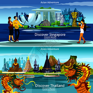 亚洲旅游横幅与泰国新加坡全景孤立矢量插图泰国新加坡旅游作文图片