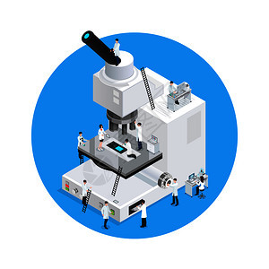 显微镜圆形构图与显微镜等距图像与科学家人物的数字礼服矢量插图显微镜科学家圆形图片