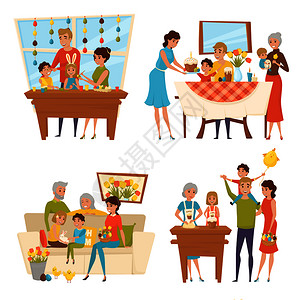 家庭复活节与儿童成人角色着色帕斯卡鸡蛋制作吃包蛋糕矢量插图复活节假期人物收藏背景图片