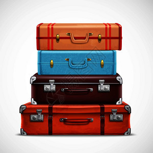 经典皮革复古旅行手提箱堆棕色蓝色与带子正视图现实的3D矢量插图复古旅行行李手提箱现实图片
