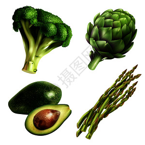 套四种蔬菜的现实风格与鳄梨西兰花洋蓟芦笋分离矢量插图套现实主义风格的蔬菜图片