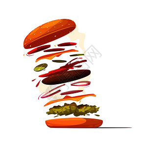 汉堡配料与牛肉切肉奶酪切片蔬菜沙拉夹馍与芝麻番茄酱矢量插图汉堡包配料图片