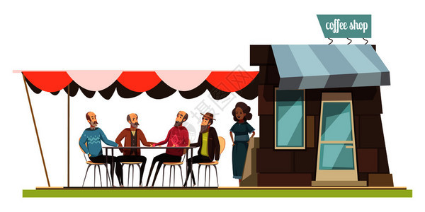 家庭咖啡店构图与卡通雕像的轻妇女四个老男子休闲矢量插图交谈家庭咖啡店的成图片