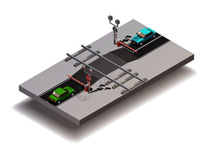道路要素等距成与铁路等级交叉与自动门放下两辆汽车矢量插图铁路交叉等距成图片
