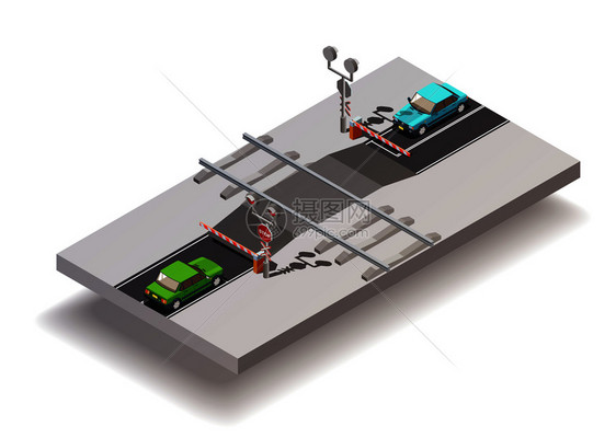 道路要素等距成与铁路等级交叉与自动门放下两辆汽车矢量插图铁路交叉等距成图片