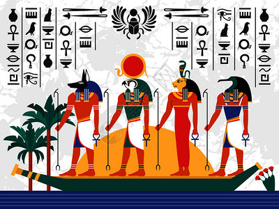 埃及平彩色海报与古埃及神纸莎草船上的象形文字背景平矢量插图埃及平彩色插图图片