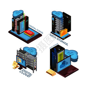 懒人手机支架数据云服务等距与托管服务器信息传输计算机移动设备隔离矢量图数据云服务等距插画
