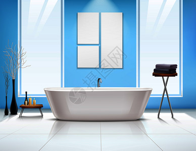 彩色浴室内部成现实风格与白色浴缸窗户的矢量插图浴室内部成图片