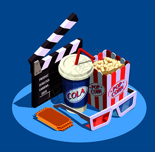 用于电影院观看电影的象蓝色背景三维矢量插图上的克拉珀等距图标等距电影院图标图片
