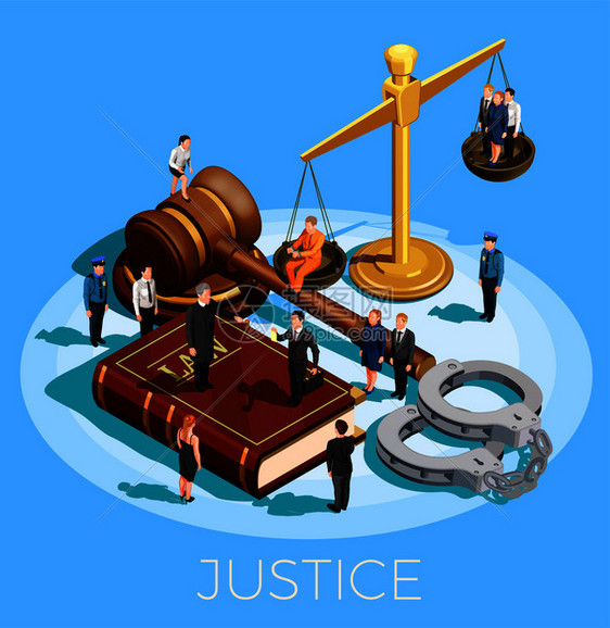 法律等距成与小人平衡木槌法律代码腕带矢量插图司法系统图片