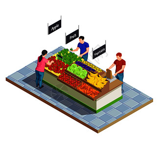 等距人群购物构成超市部分与水果蔬菜核秤人物矢量插图食品市场等距成图片