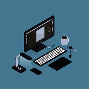 等距工作场所背景与台式计算机键盘平板电脑智能手机剪刀咖啡杯图像矢量插图等距计算机工作场所成图片