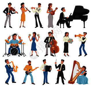 彩色音乐家图标与男女演奏乐器歌唱矢量插图音乐家图标集背景图片