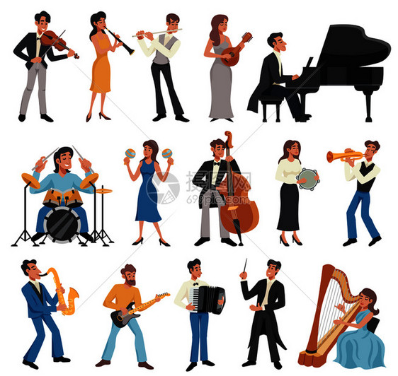 彩色音乐家图标与男女演奏乐器歌唱矢量插图音乐家图标集图片