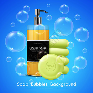 肥皂液体分配器圆棒现实广告海报与气泡蓝色背景矢量插图肥皂泡泡真实的背景海报图片