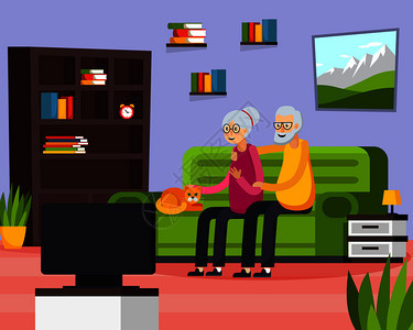 平老老人成与两个人电视上看他们最喜欢的节目矢量插图平老人成图片