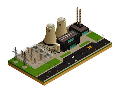 电力发电输配电设施网络等距成与Neigboring高速公路三维模型矢量图发电机等距成背景图片