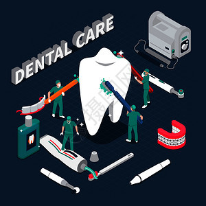 牙科护理等距成与牙医人物清洁大健康牙齿牙刷卡通矢量插图牙科护理等距矢量插图图片