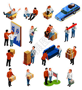 移动的人等距收集人类人物,商品箱家具为新的公寓矢量插图移动的人等距集图片