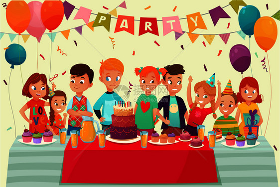 卡通儿童派海报与大桌子糖果礼物的生日庆祝矢量插图儿童派海报图片