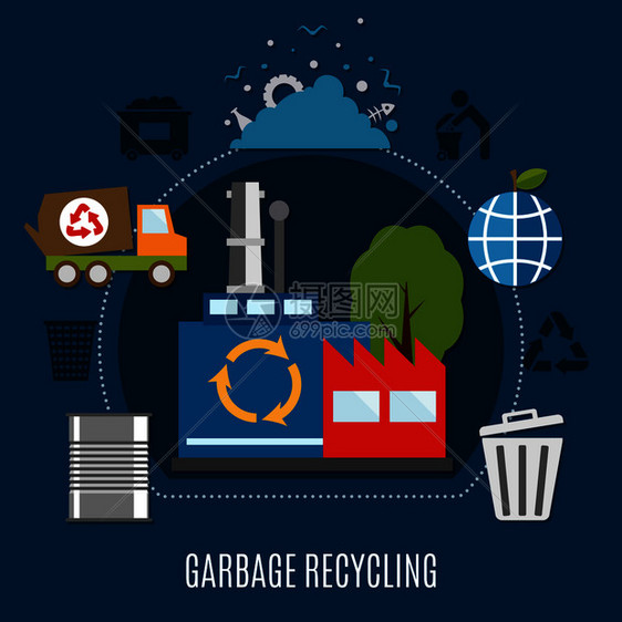 垃圾回收厂成与废押金金属桶垃圾桶卫生车垃圾收集象形图矢量插图垃圾处理工程成图片