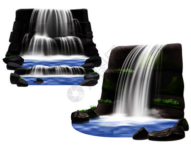 两个自然景观场景公园花园电脑游戏与瀑布岩石石头现实矢量插图瀑布逼真的构图图片