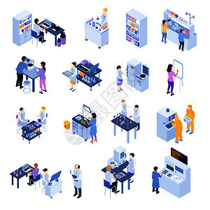 彩色等距科学实验室图标与实验室工作人员他们的工作场所矢量插图等距科学实验室图标图片