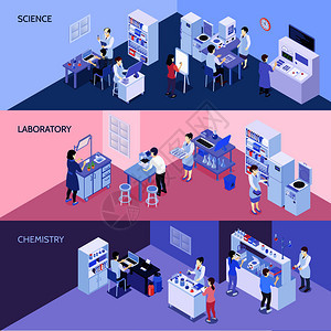 套水平等距横幅与人科学实验室,化学实验孤立矢量插图实验室水平等距横幅图片