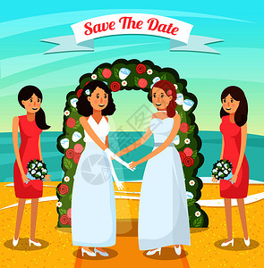彩色平平婚人正交构图与两位女结婚矢量插图彩色婚礼人正交构图图片