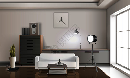 现实休息室内部三维与白色沙发,抽屉与扬声器,泛光灯,时钟墙上矢量插图逼真的休息室室内三维图片