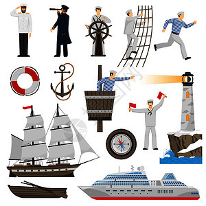 老式帆船现代邮轮平图标锚舵罗盘矢量插图帆船船只属图标背景图片