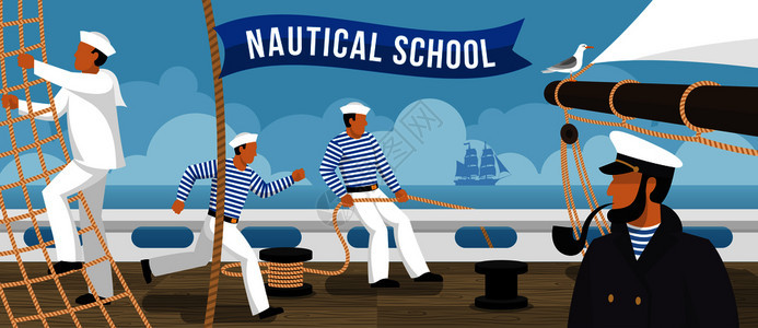 航海学校船上帆船水手训练平广告海报与吸烟管船长矢量插图航海学校帆船平旗图片
