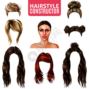 女构造者的发型,包括模特,长发短发,发髻,带条纹孤立矢量插图女建设者的发型图片