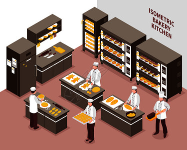 五个包师工作宽敞的包店厨房三维等距矢量插图等距包店插图图片