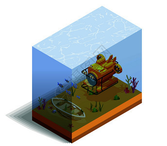 水肺潜水浮潜等距成与浴缸海底与鱼类水草矢量插图水下等距构图图片